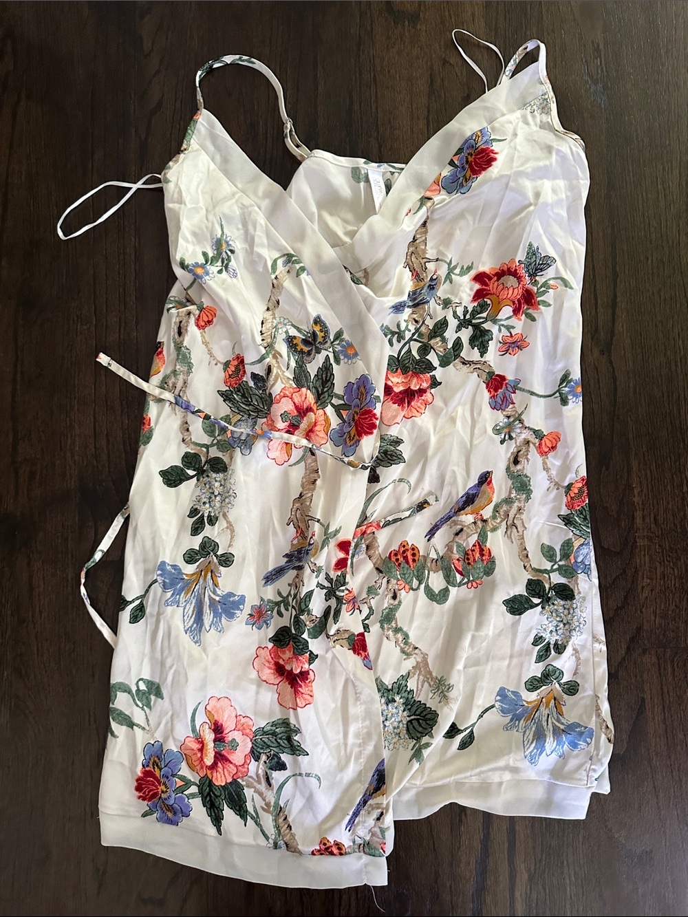 Floral Satin Wrap Robe - White with Multicolor Floral Print